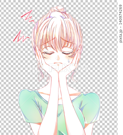 A woman with a headache, sweating, and touching her face with her hands. 140974269