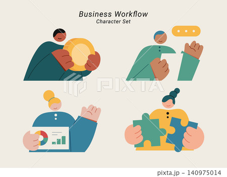 Flat vector character set featuring diverse business people in various workflow, teamwork and finance concepts illustration. 140975014