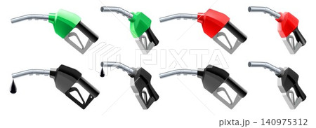 Set Fuel guns. Gasoline Transfer and Dispensing Fuel Nozzle Gun. Petrol Green Fuel pump isolated on white background. Realistic 3D vector illustration Set Fuel guns. Gasoline Transfer and Dispensing Fuel Nozzle Gun. Petrol Green Fuel pump isolated on white background. Realistic 3D vector illustration 140975312