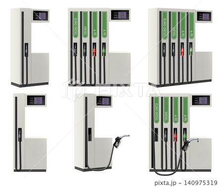 Gas station with fuel guns isolated on white background. Oil pump and nozzles at the gas station. Diesel Nozzle and Gas Nozzle. Gasoline Transfer and Dispensing Fuel Nozzle Gun. Realistic 3d vector 140975319