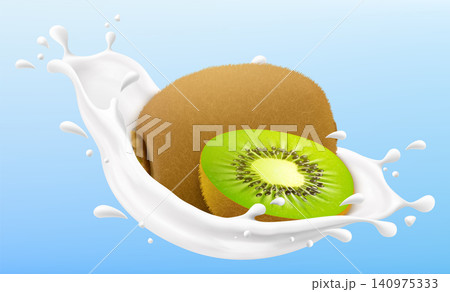 Green kiwi in a milk splash isolated on blue background. Fresh kiwi dropping into milk or yogurt splash. Milkshake splash with ripe kiwi. Realistic 3d vector illustration Green kiwi in a milk splash isolated on blue background. Fresh kiwi dropping into milk or yogurt splash. Milkshake splash with ripe kiwi. Realistic 3d vector illustration 140975333