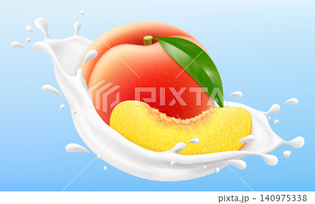 Ripe peach in a milk splash isolated on blue background. Fresh peach dropping into milk or yogurt splash. Milkshake splash with juicy peach. Realistic 3d vector illustration Ripe peach in a milk splash isolated on blue background. Fresh peach dropping into milk or yogurt splash. Milkshake splash with juicy peach. Realistic 3d vector illustration 140975338