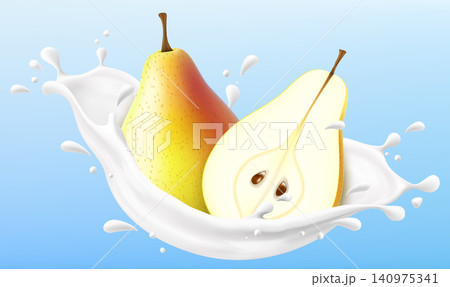 Ripe pear in a milk splash isolated on blue background. Fresh pear dropping into milk or yogurt splash. Milkshake splash with sweet pear. Realistic 3d vector illustration Ripe pear in a milk splash isolated on blue background. Fresh pear dropping into milk or yogurt splash. Milkshake splash with sweet pear. Realistic 3d vector illustration 140975341