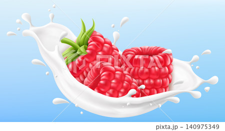 Ripe raspberry in a milk splash isolated on blue background. Fresh fruits dropping into milk or yogurt splash. Milkshake splash with sweet banana and berries. Realistic 3d vector illustration Ripe raspberry in a milk splash isolated on blue background. Fresh fruits dropping into milk or yogurt splash. Milkshake splash with sweet banana and berries. Realistic 3d vector illustration 140975349