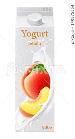 White matte plastic bottle for peach yogurt, cream or milkshake. 3d realistic packaging mockup template. yogurt cream with fresh peach isolated on white background, Vector illustration White matte plastic bottle for peach yogurt, cream or milkshake. 3d realistic packaging mockup template. yogurt cream with fresh peach isolated on white background, Vector illustration 140975354