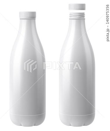 Two white Plastic bottles with an open and closed lid Template. For kefir, milk, yogurt and other beverages. Blank Packaging Isolated On White Background. Realistic 3d vector illustration. 140975356