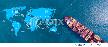 Aerial view container cargo ship with world map network, Container cargo ship in import export logistic freight shipping, Business logistics transportation international by container cargo ship. Aerial view container cargo ship with world map network, Container cargo ship in import export logistic freight shipping, Business logistics transportation international by container cargo ship. 140975458