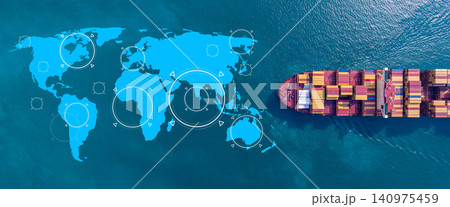 Aerial view container cargo ship with world map network, Container cargo ship in import export logistic freight shipping, Business logistics transportation international by container cargo ship. 140975459