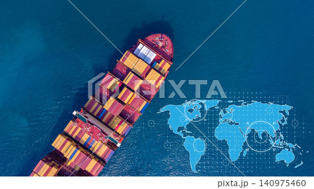 Aerial view container cargo ship with world map network, Container cargo ship in import export logistic freight shipping, Business logistics transportation international by container cargo ship. Aerial view container cargo ship with world map network, Container cargo ship in import export logistic freight shipping, Business logistics transportation international by container cargo ship. 140975460