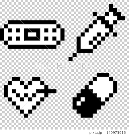 Set of 4 black and white pixel art mini medical icons with transparent backgrounds. Set of 4 black and white pixel art mini medical icons with transparent backgrounds. 140975916