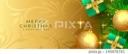 merry christmas golden banner with realistic giftbox and bauble merry christmas golden banner with realistic giftbox and bauble 140976781