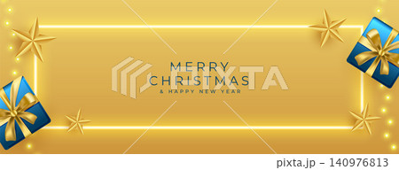 glowing merry christmas golden banner with giftbox and lights 140976813