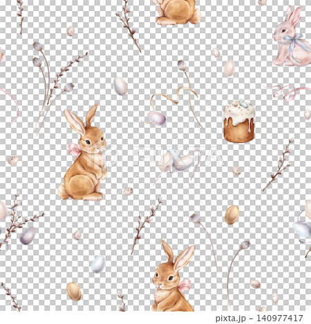 Watercolor seamless pattern with easter bunny with bow and quail and colors eggs. Repeat pattern pastel color with willow and easter cake. Tender hand drawn illustration of isolated. For Easter design Watercolor seamless pattern with easter bunny with bow and quail and colors eggs. Repeat pattern pastel color with willow and easter cake. Tender hand drawn illustration of isolated. For Easter design 140977417