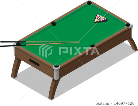 Pool table with racked balls and cues Pool table with racked balls and cues 140977526