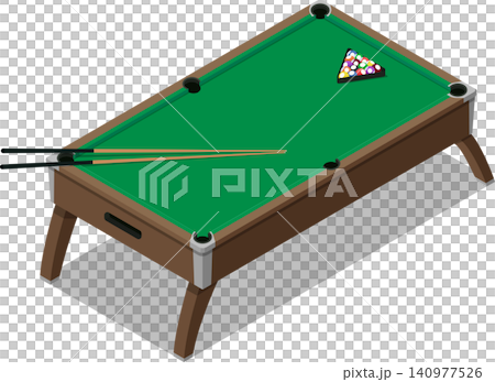 Pool table with racked balls and cues Pool table with racked balls and cues 140977526