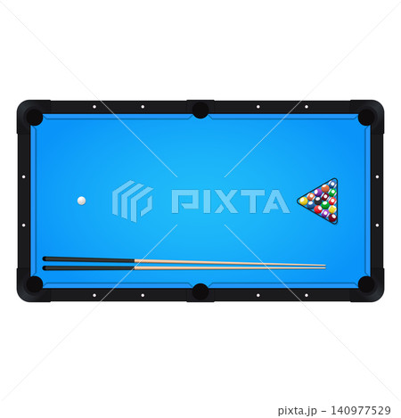 Top down view of a pool table with cues and racked balls 140977529