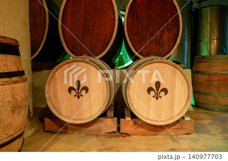 Decorated Oak Barrels Fleur-de-lis Heritage Estate Scene Decorated Oak Barrels Fleur-de-lis Heritage Estate Scene 140977703