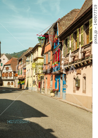 Sunlit Alsace Village Street Timbered Houses Flower Boxes 140977719
