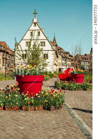 Red Planters Contrasting White Gabled House Timbered Town Red Planters Contrasting White Gabled House Timbered Town 140977733