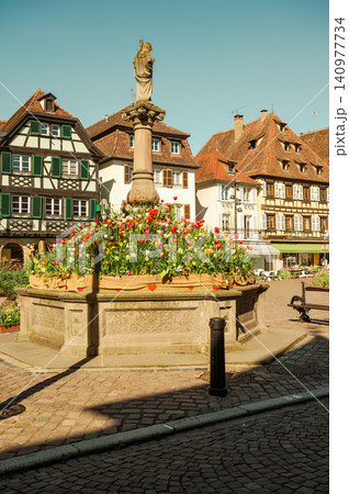 Community Hub Ornate Fountain Colorful Planters Square Community Hub Ornate Fountain Colorful Planters Square 140977734