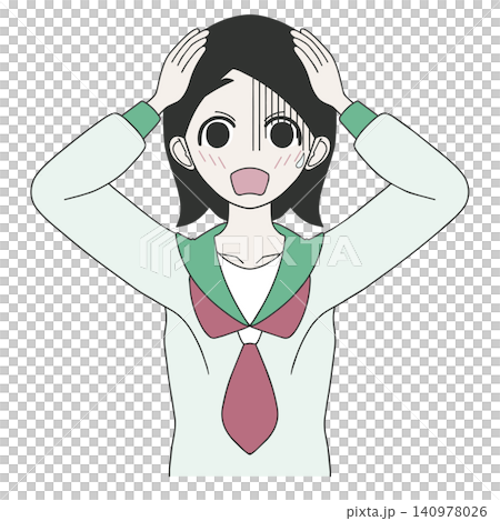 An illustration of a high school girl in a uniform, looking despairing and holding her head in her hands. An illustration of a high school girl in a uniform, looking despairing and holding her head in her hands. 140978026