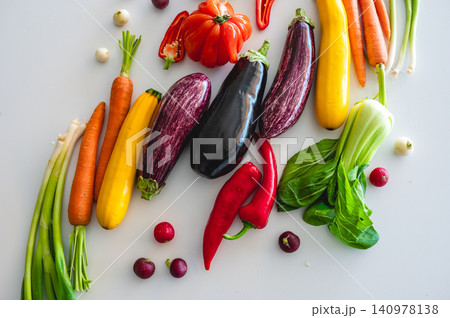 Closeup of colorful garden vegetables showing textures of eggplant Closeup of colorful garden vegetables showing textures of eggplant 140978138