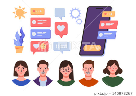 Flat vector illustration of a social media set featuring a smartphone, message bubbles, notification icons, UI elements, and a diverse row of smiling character avatars. 140978267
