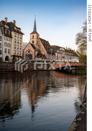 Church Spire Reflected Over Calm Canal Graceful Bridge Church Spire Reflected Over Calm Canal Graceful Bridge 140978315