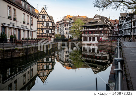Riverside Promenade Past Timbered Houses Early Morning Riverside Promenade Past Timbered Houses Early Morning 140978322
