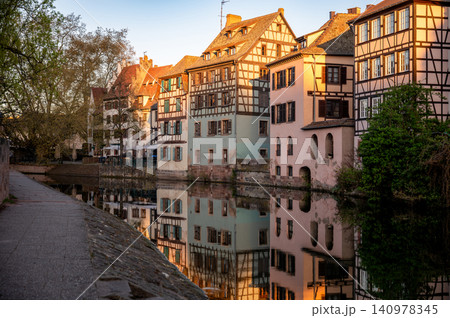 Empty Walkway Beside Timber Houses Along Canal Strasbourg Empty Walkway Beside Timber Houses Along Canal Strasbourg 140978345