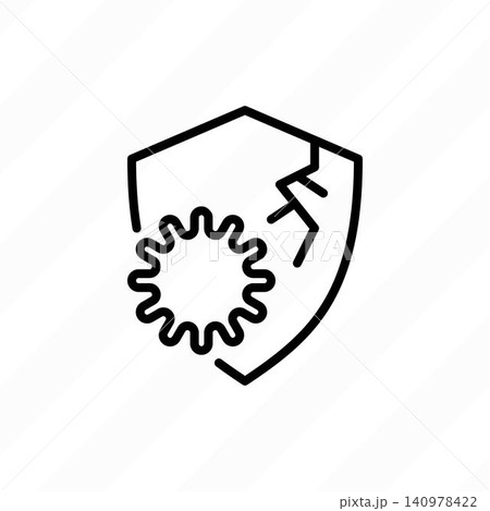 Decreased immunity, weak immune system, shield is hacked by virus. Thin line icon. Healthcare and medical vector illustration. Decreased immunity, weak immune system, shield is hacked by virus. Thin line icon. Healthcare and medical vector illustration. 140978422