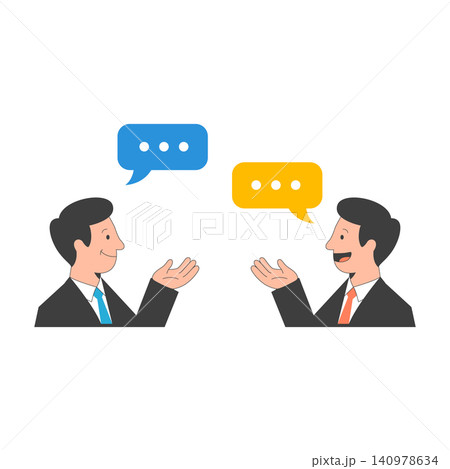 Flat vector illustration of two businessmen in suits having a dialogue with speech bubbles. Represents communication, business negotiation, and social interaction. 140978634