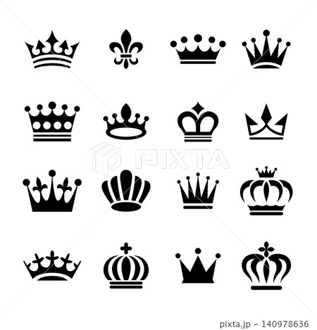 A collection of diverse, stylized crown icons for crowns, featuring various royal designs. For logo, label, sign, badge. Vector illustration 140978636