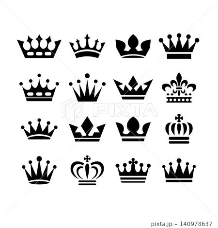A collection of diverse, stylized crown icons for crowns, featuring various royal designs. For logo, label, sign, badge. Vector illustration 140978637