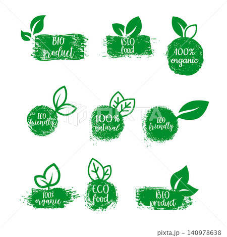 A collection of various green eco emblems and labels for eco emblems, featuring leaves and handwritten text like "organic," "vegan," and "gluten free." 140978638