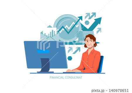A professional female financial consultant working at a computer, surrounded by business growth icons like rising charts, stacks of coins, and upward-pointing arrows. 140978651