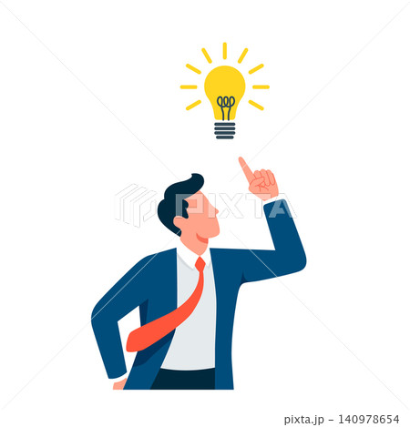 Flat vector illustration of a faceless businessman in a suit pointing his finger at a glowing light bulb. A clean conceptual image representing a new business idea. Flat vector illustration of a faceless businessman in a suit pointing his finger at a glowing light bulb. A clean conceptual image representing a new business idea. 140978654