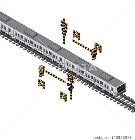 遮断機と線路のアイソメトリックイラスト。鉄道・交通インフラ素材。 遮断機と線路のアイソメトリックイラスト。鉄道・交通インフラ素材。 140978878