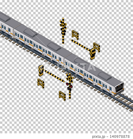 遮断機と線路のアイソメトリックイラスト。鉄道・交通インフラ素材。 遮断機と線路のアイソメトリックイラスト。鉄道・交通インフラ素材。 140978878