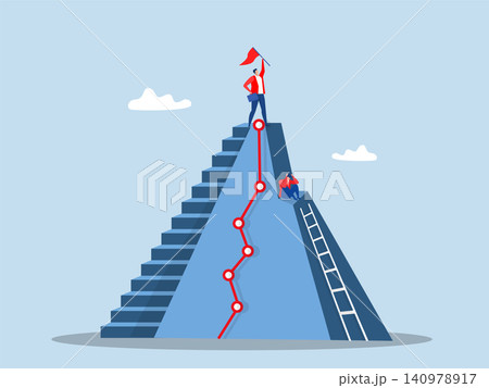 Businessman holds a red flag on top of a mountain. number one. motivation to win opportunity concept, businessman champion winner finish line 140978917