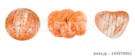 Three types of fresh bread including heart shaped loaf isolated on white background Three types of fresh bread including heart shaped loaf isolated on white background 140979062
