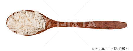 Top view of long grain white rice in a wooden spoon isolated on white background Top view of long grain white rice in a wooden spoon isolated on white background 140979070
