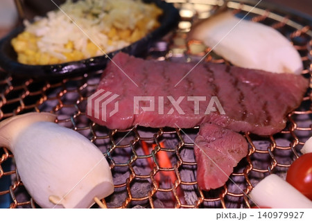 Grilled Beef and Mushrooms on Charcoal Grill Grilled Beef and Mushrooms on Charcoal Grill 140979927