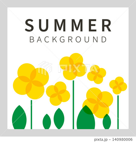 Minimal summer banner with yellow flowers, green leaves and modern typography on a white background. Flat floral poster for seasonal, greeting cards, invitations, summer sale promotions. 140980006