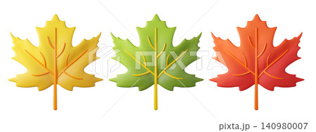 3D maple leaf icon in yellow, green and orange red, isolated on background. Autumn foliage set with cartoon clay style. Leaves for fall season designs, Thanksgiving, banners, posters 3D maple leaf icon in yellow, green and orange red, isolated on background. Autumn foliage set with cartoon clay style. Leaves for fall season designs, Thanksgiving, banners, posters 140980007