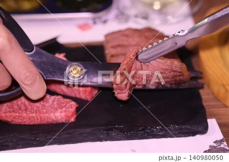 Slicing Beef Steak with Kitchen Tools Slicing Beef Steak with Kitchen Tools 140980050