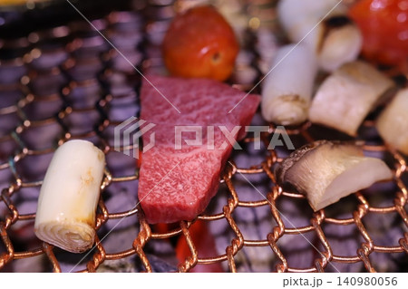 Grilled Beef and Vegetables on Copper Grill Grilled Beef and Vegetables on Copper Grill 140980056