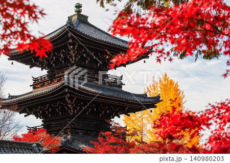 Iconic Shinnyodo pagoda with fall red maple and yellow ginkgo, Kyoto Iconic Shinnyodo pagoda with fall red maple and yellow ginkgo, Kyoto 140980203