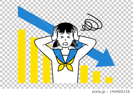 一名女學生對不斷下降的曲線圖感到困擾。 一名女學生對不斷下降的曲線圖感到困擾。 140980238