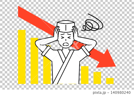 A male waiter at a Japanese restaurant looks troubled as the graph goes down. A male waiter at a Japanese restaurant looks troubled as the graph goes down. 140980240